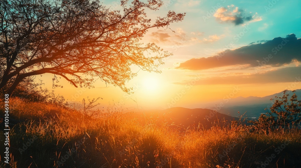 Silhouetted tree against a vibrant sunset over a mountain range. Silhouetted tree against a vibrant sunset over a mountain range.