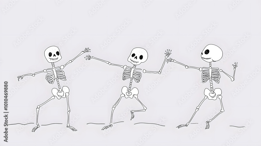 Fototapeta premium Three playful cartoon skeletons dancing joyfully.