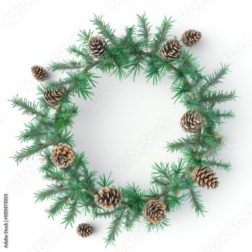 Christmas wreath decorated with pine cones on a plain white background, ideal for holiday decor and seasonal themes Celebrate the festive spirit with this elegant design