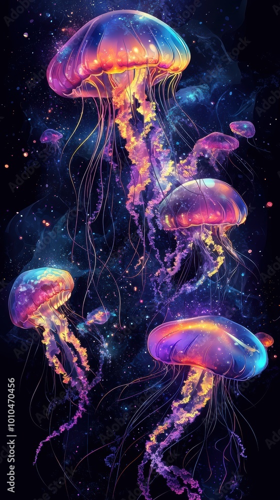Vibrant Glowing Jellyfish Illustration in Space Vibrant Glowing Jellyfish Illustration in Space