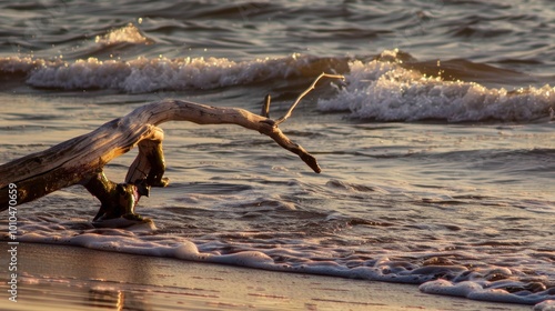 Weathered Driftwood Branch on Beach at Sunrise photo