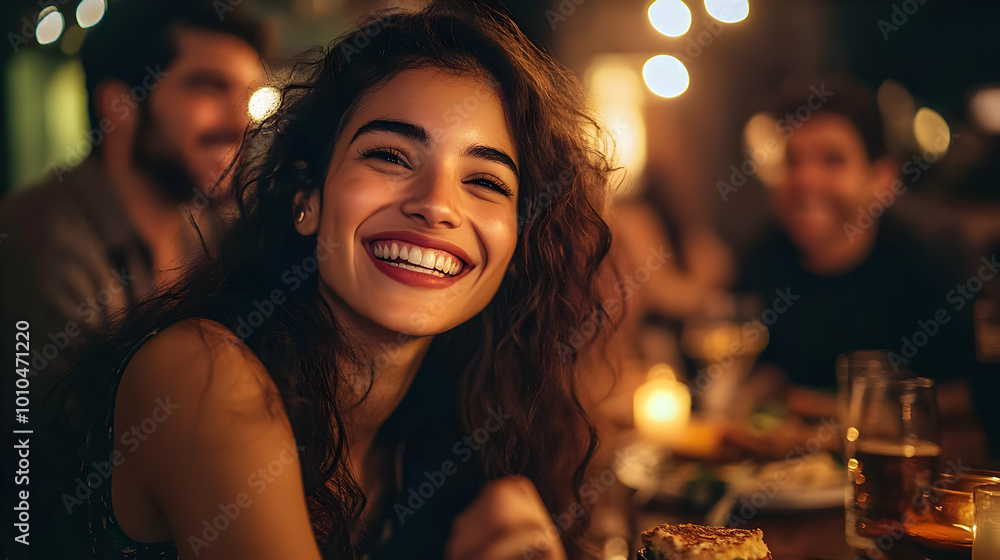Laughing Woman with Friends at Dinner Party Laughing Woman with Friends at Dinner Party