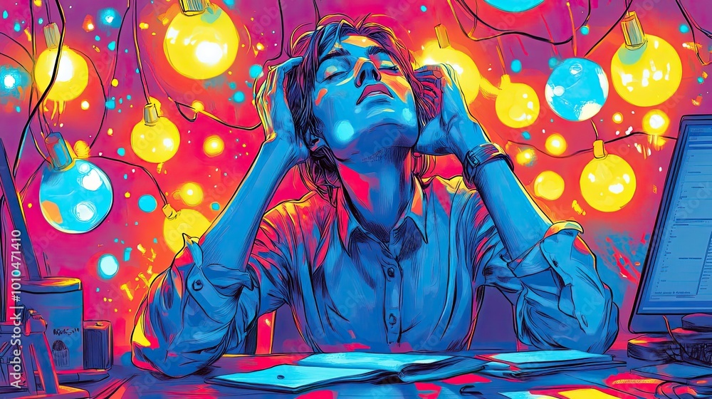 A lively image showing an office worker on Blue Monday, feeling the weight of the day yet surrounded by colorful objects and lights, comic strip style, A lively image showing an office worker on Blue Monday, feeling the weight of the day yet surrounded by colorful objects and lights, comic strip style,