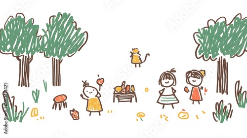 Playful children enjoying a picnic in a vibrant, green forest.