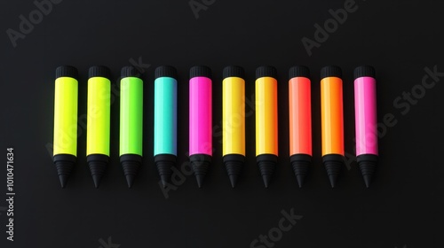 Blank mockup of a pack of eight neon highlighters in a variety of bold and bright colors for fun notetaking. . photo