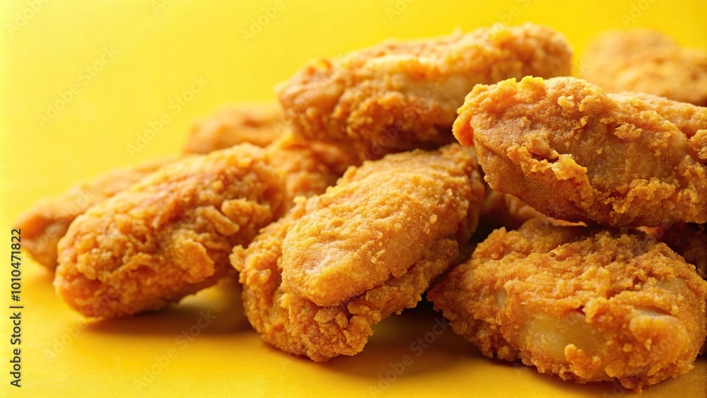 Extreme close-up of fried chicken nuggets on yellow background Extreme close-up of fried chicken nuggets on yellow background
