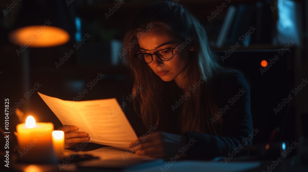 Woman with Glasses Reading in Dimly Lit Room with Candles Woman with Glasses Reading in Dimly Lit Room with Candles