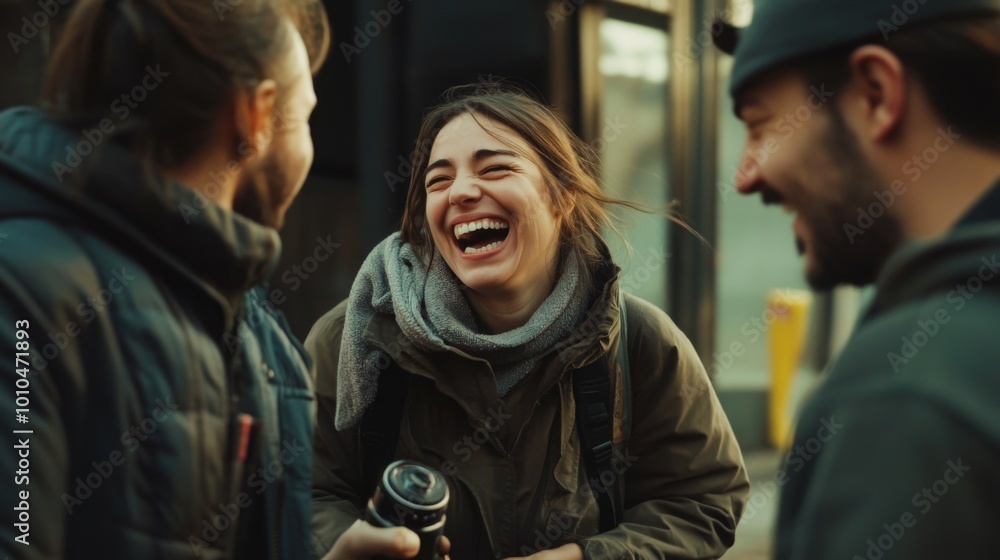 A woman laughs while holding a camera in front of two men A woman laughs while holding a camera in front of two men