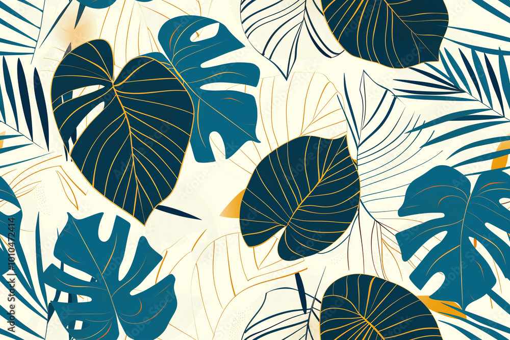 Seamless pattern background of tropical palm leaves and monstera plants in a minimalist, line art style Seamless pattern background of tropical palm leaves and monstera plants in a minimalist, line art style