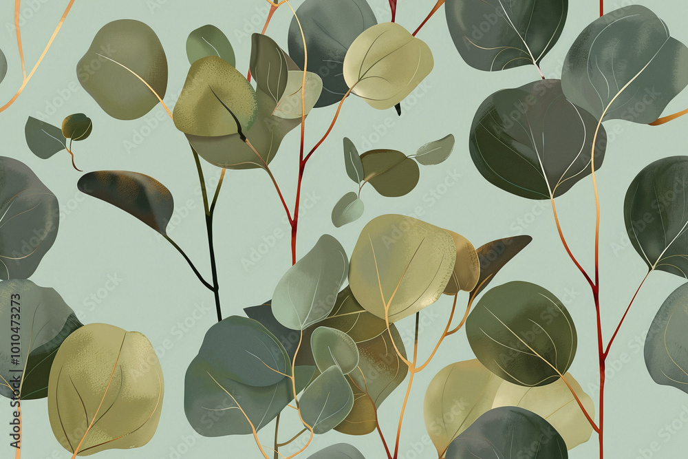 Seamless pattern background of realistic eucalyptus leaves and branches in soft, muted green tones Seamless pattern background of realistic eucalyptus leaves and branches in soft, muted green tones