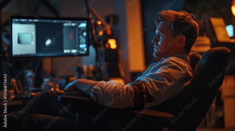 Man in a White Shirt Sitting in a Chair Looking Away from a Computer Screen Man in a White Shirt Sitting in a Chair Looking Away from a Computer Screen
