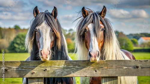 Extreme close-up of Gypsy Vanner Horse mares looking over fence from behind photo