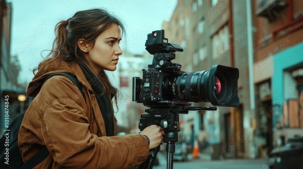 Young Woman Filming with Professional Camera on a Tripod Young Woman Filming with Professional Camera on a Tripod