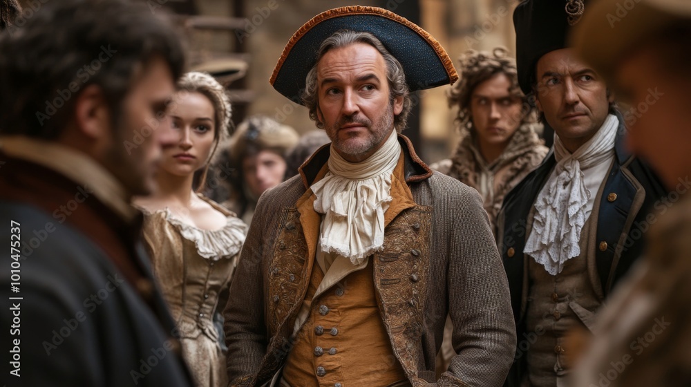 A man in a blue and gold hat stands among a crowd of people in period clothing. A man in a blue and gold hat stands among a crowd of people in period clothing.