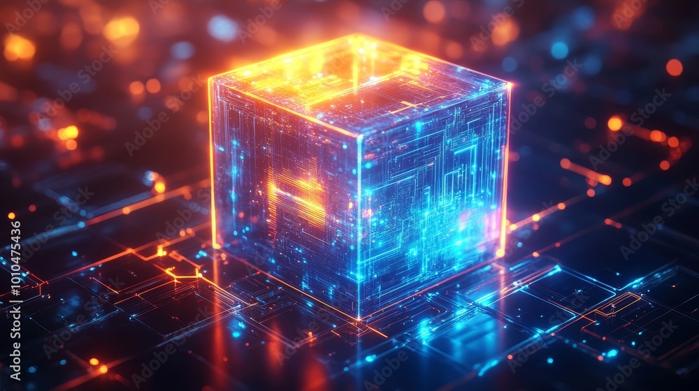 High-tech floating cube with radiant blue and orange light, surrounded by sleek circuits and holographic waves, ideal for wallpapers and futuristic design High-tech floating cube with radiant blue and orange light, surrounded by sleek circuits and holographic waves, ideal for wallpapers and futuristic design