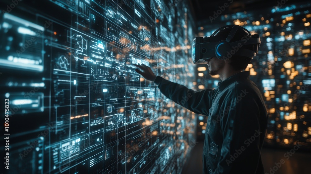 Holographic industrial machine, surrounded by a grid of data interfaces, engineers fine-tuning the design through immersive VR tools Holographic industrial machine, surrounded by a grid of data interfaces, engineers fine-tuning the design through immersive VR tools