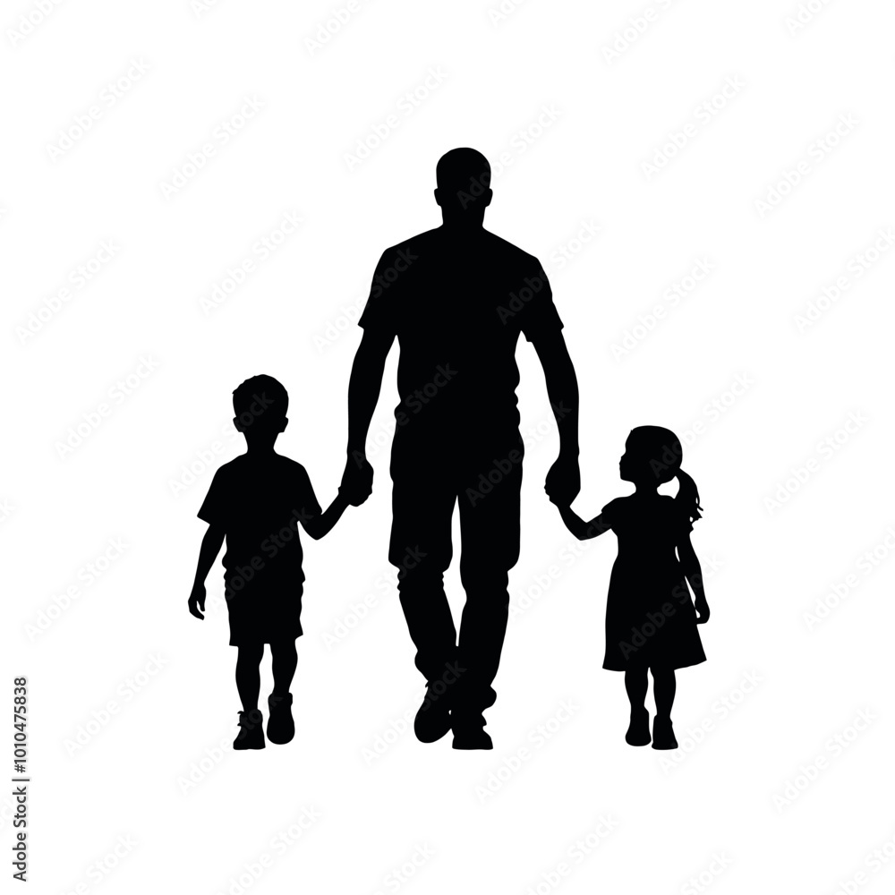 a black silhouette of a father and two children walking together. The father is in the center of the image, holding hands with one child on either side of him a black silhouette of a father and two children walking together. The father is in the center of the image, holding hands with one child on either side of him
