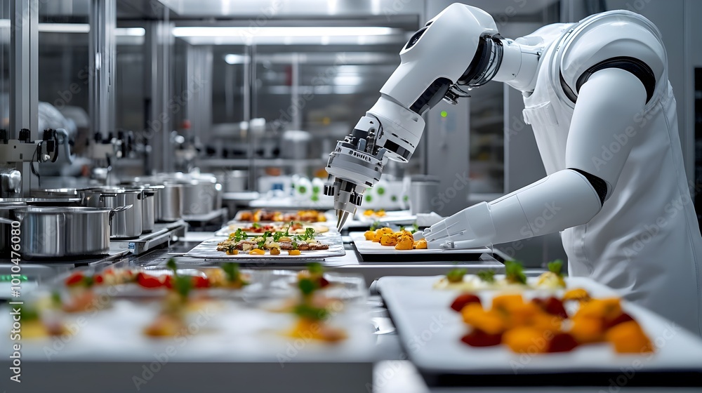 High-tech robots conducting sensory analysis on gourmet dishes, analyzing taste, smell, and appearance in a sterile, ultra-modern facility High-tech robots conducting sensory analysis on gourmet dishes, analyzing taste, smell, and appearance in a sterile, ultra-modern facility