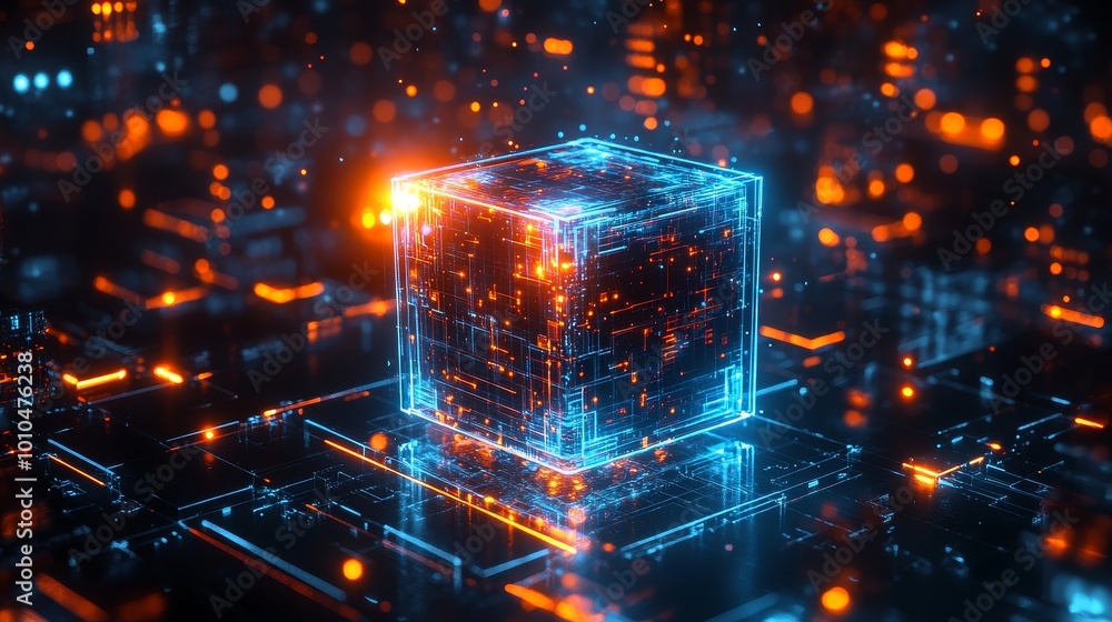 Hovering technology cube bathed in blue-orange glow, surrounded by holographic interfaces and futuristic digital effects, ideal for modern sci-fi backgrounds Hovering technology cube bathed in blue-orange glow, surrounded by holographic interfaces and futuristic digital effects, ideal for modern sci-fi backgrounds
