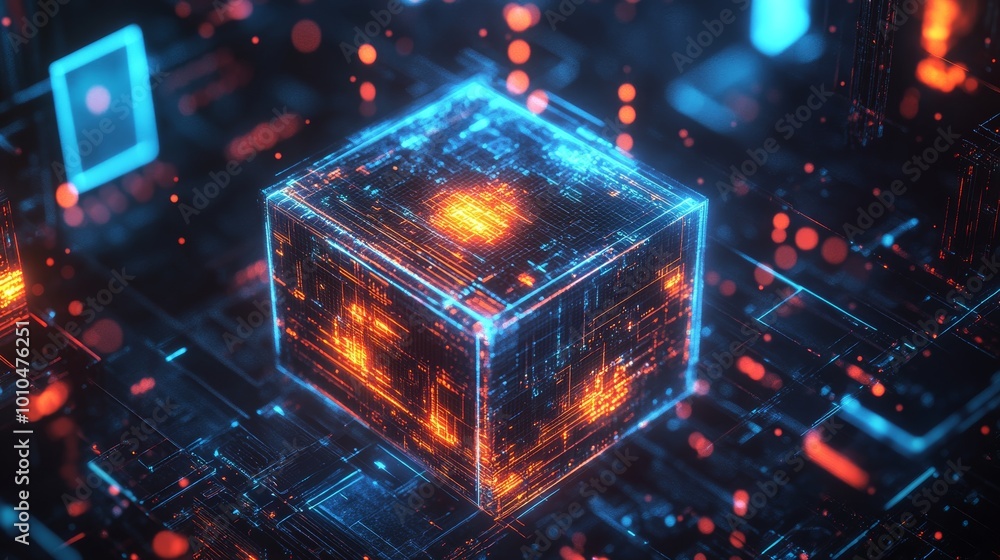 Hovering technology cube bathed in blue-orange glow, surrounded by holographic interfaces and futuristic digital effects, ideal for modern sci-fi backgrounds Hovering technology cube bathed in blue-orange glow, surrounded by holographic interfaces and futuristic digital effects, ideal for modern sci-fi backgrounds