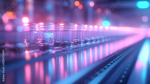 A futuristic conveyor belt with AI holograms checking food quality  glowing interface screens  high-tech lab  vibrant neon accents  hyper-detailed digital art  3D rendering