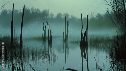 A misty wetland scene with eerie silhouettes of trees reflecting in calm water.