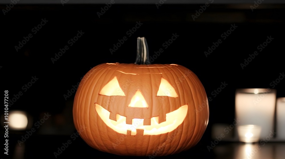 Fototapeta premium A glowing carved pumpkin with a cheerful face, perfect for Halloween festivities.