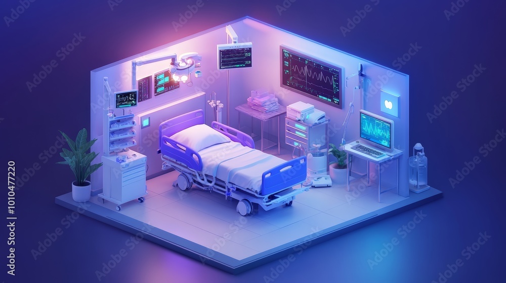 Isometric hospital room with advanced medical devices, soft ambient lighting, high-resolution digital art, minimalistic furniture, patient bed, detailed heart monitor Isometric hospital room with advanced medical devices, soft ambient lighting, high-resolution digital art, minimalistic furniture, patient bed, detailed heart monitor