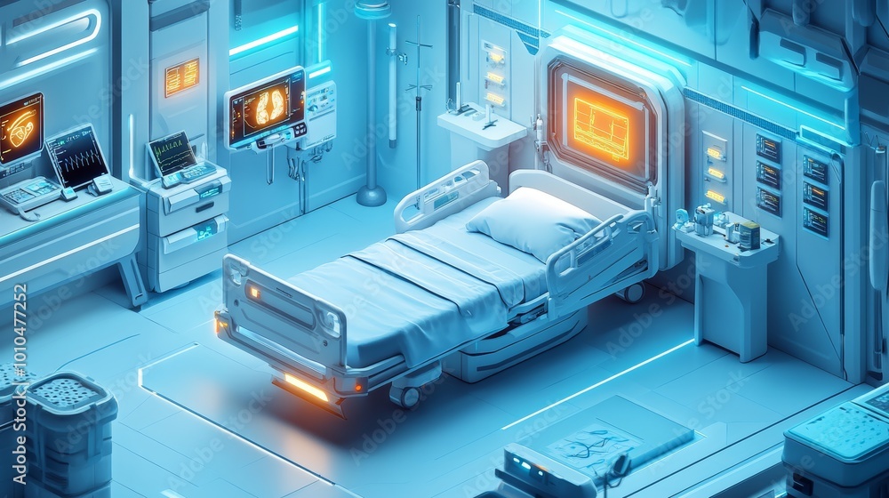 Isometric hospital room with patient bed, heart monitor, futuristic design, high-tech medical equipment, cool blue tones, digital illustration, clean and sterile atmosphere Isometric hospital room with patient bed, heart monitor, futuristic design, high-tech medical equipment, cool blue tones, digital illustration, clean and sterile atmosphere