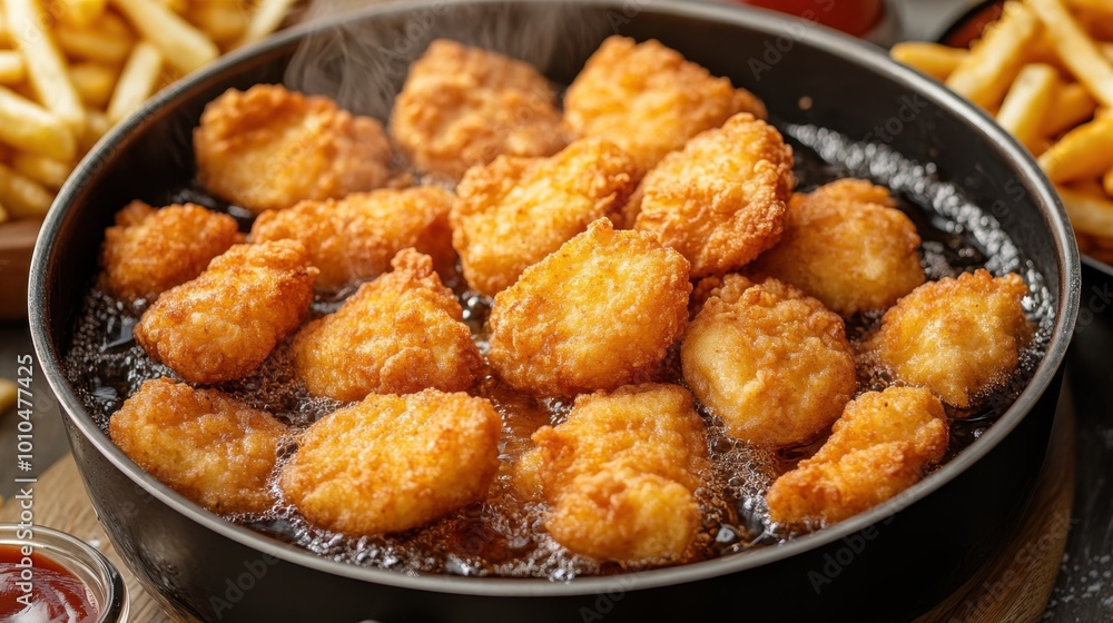 Crispy Banana Fritters and Chicken Nuggets in Frying Pan Crispy Banana Fritters and Chicken Nuggets in Frying Pan