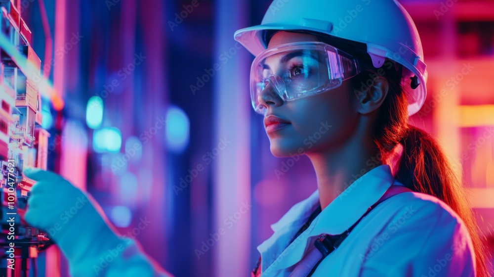 A Woman in a White Lab Coat and Hard Hat Works in a Neon-Lit Factory A Woman in a White Lab Coat and Hard Hat Works in a Neon-Lit Factory