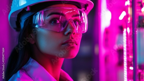 Woman in a White Hard Hat and Safety Glasses Looking at a Neon Sign