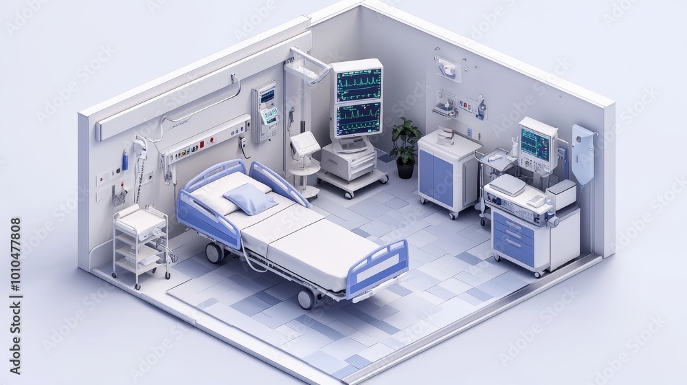 Isometric view of a sleek hospital room, one bed, medical equipment including a heart monitor, and sterile room design with a focus on detail Isometric view of a sleek hospital room, one bed, medical equipment including a heart monitor, and sterile room design with a focus on detail