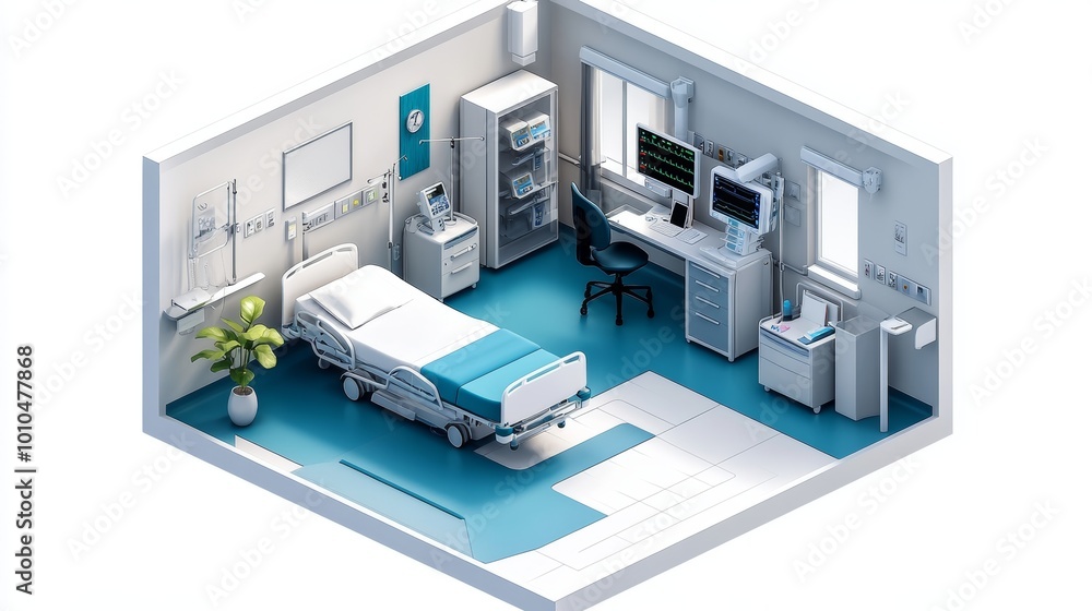 Isometric view of a sleek hospital room, one bed, medical equipment including a heart monitor, and sterile room design with a focus on detail Isometric view of a sleek hospital room, one bed, medical equipment including a heart monitor, and sterile room design with a focus on detail