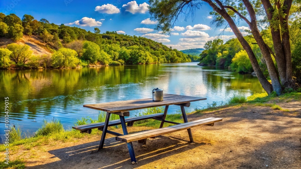 Obraz premium Extreme close-up of picnic table slab with BBQ on Colorado River in Austin, Texas, with Texas Hill Country in background