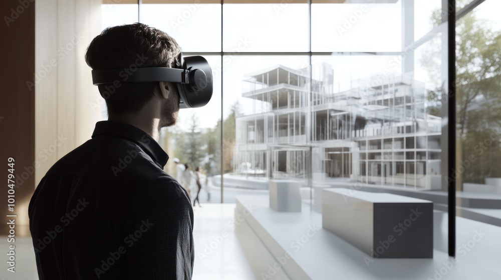 Man Wearing VR Headset Looking at Architectural Model Through Window Man Wearing VR Headset Looking at Architectural Model Through Window