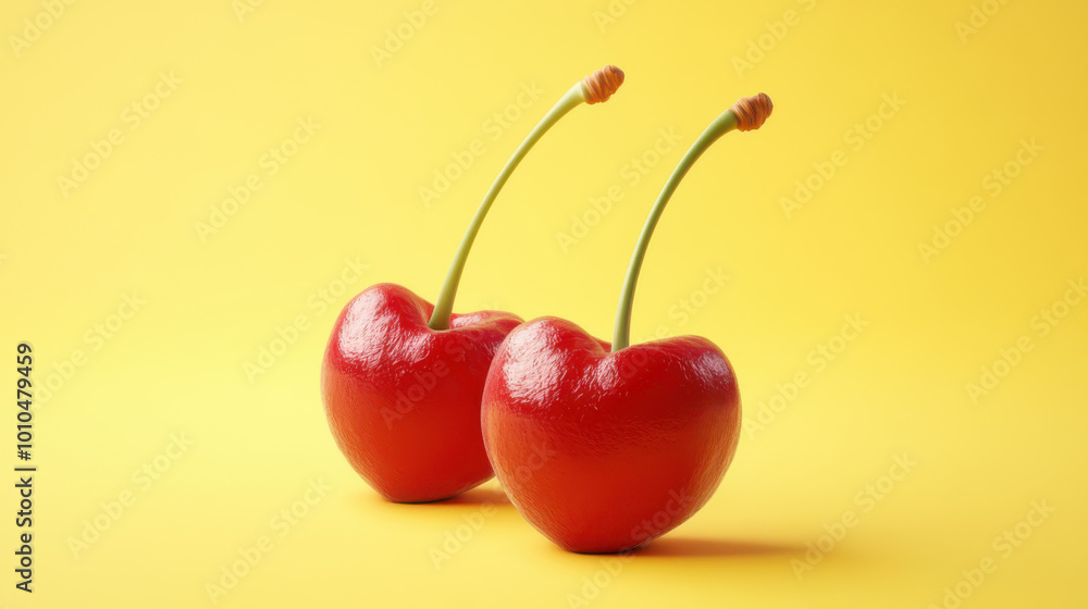 Cherries with green leaf on yellow surface Cherries with green leaf on yellow surface