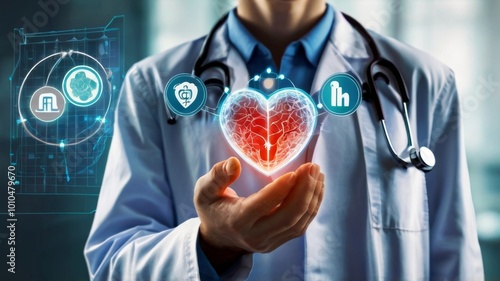 Concept of medical technologies and heart day with cardiologist, scientific research in the field of artificial intelligence technologies