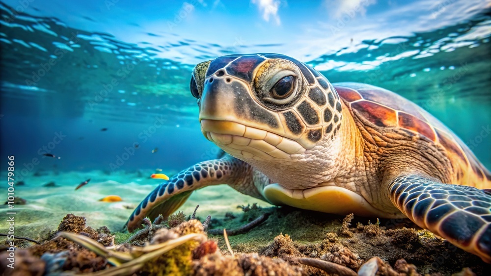 Obraz premium Extreme close-up of polluted ocean water with sea turtle swimming