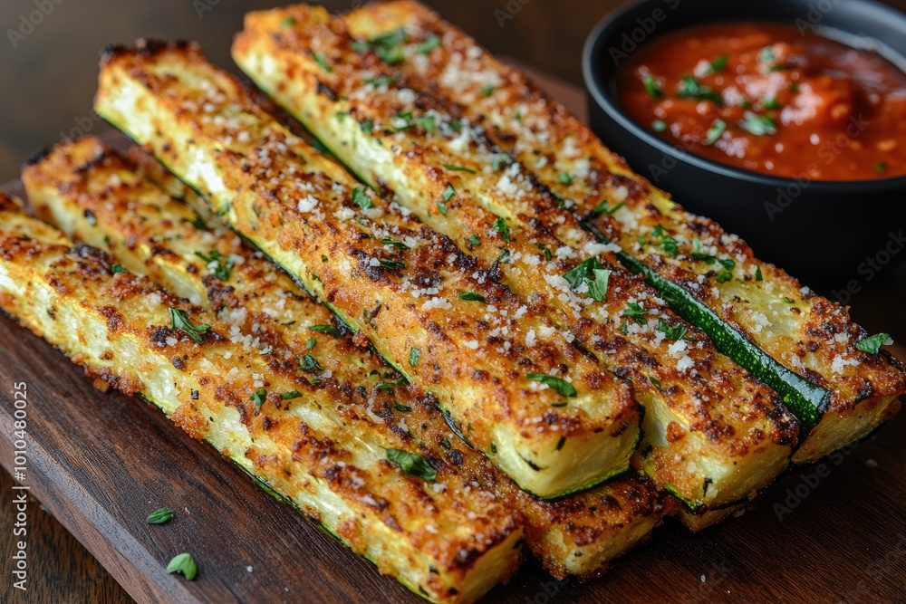 Zucchini sticks covered in parmesan and parsley resting on a cutting board Zucchini sticks covered in parmesan and parsley resting on a cutting board