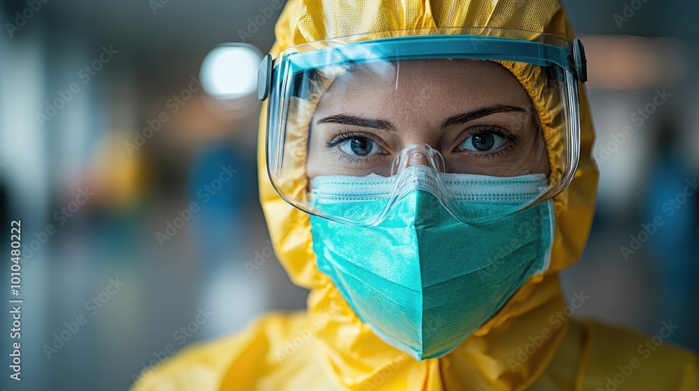 Female doctor wearing protective goggles and mask looking directly at viewer Female doctor wearing protective goggles and mask looking directly at viewer