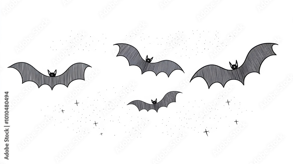 Naklejka premium A whimsical illustration of flying bats in a starry night sky.