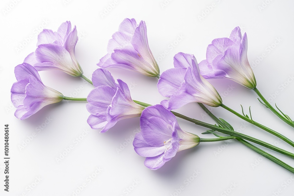 Five eustoma flowers are blooming on a pastel background Five eustoma flowers are blooming on a pastel background