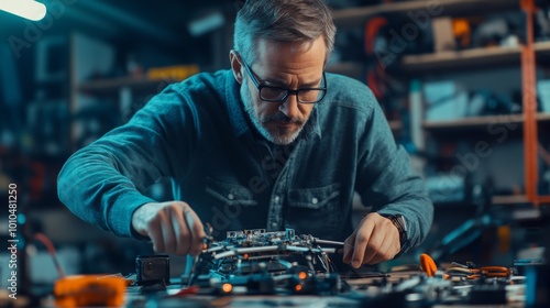 A Man Working on a Drone in His Workshop