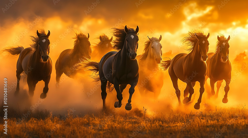 Horses Galloping Through Golden Sunset Dust Horses Galloping Through Golden Sunset Dust