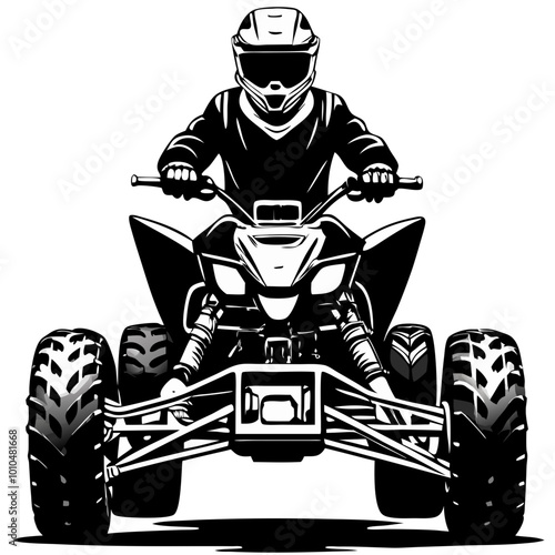 Adrenaline Rush: Black and white illustration of a motocross rider, helmet on, determinedly gripping the handlebars of a powerful ATV, ready for an exhilarating off-road adventure.  