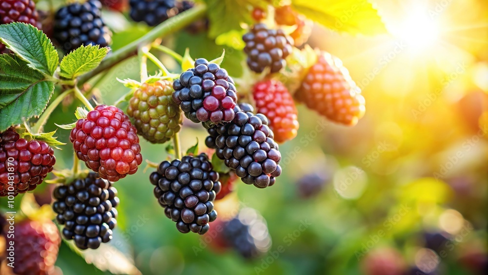 Extreme close-up of ripe blackberries on branch under the sun Extreme close-up of ripe blackberries on branch under the sun