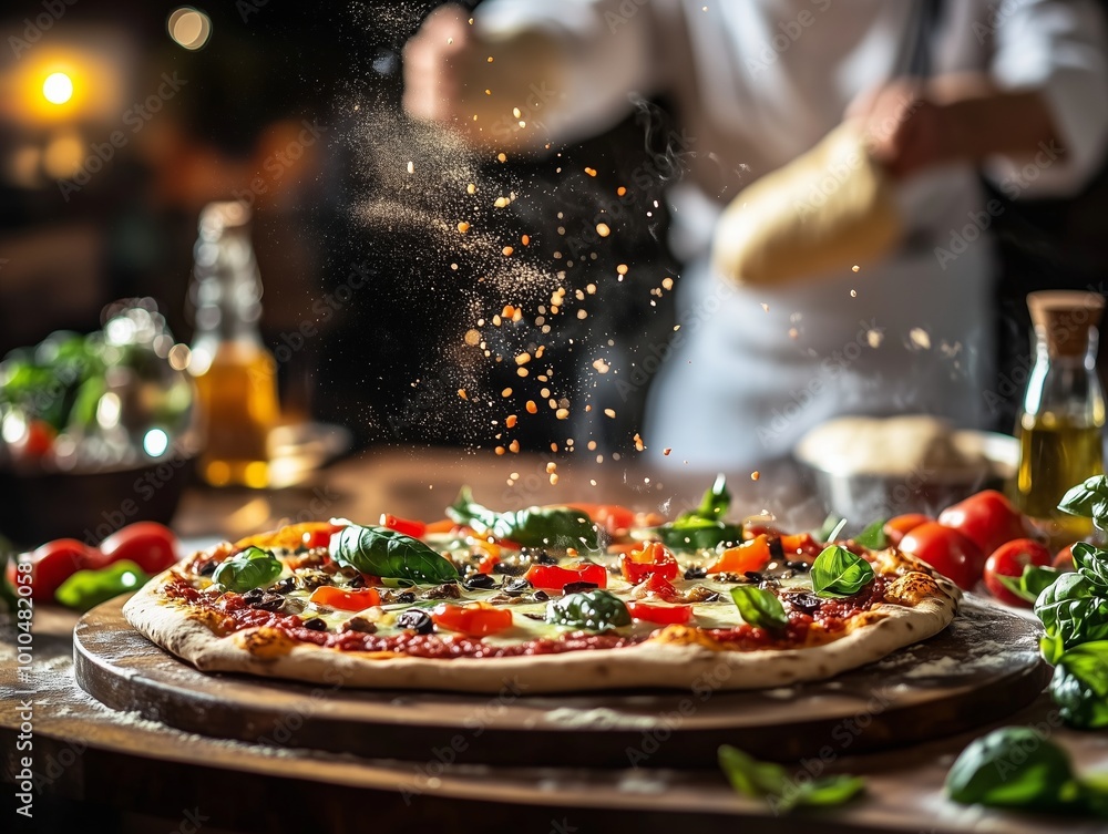 A hot, delicious pizza with fresh basil and mozzarella sits on a rustic table, filling the air with aroma.