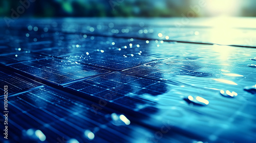 Closeup of Wet Blue Solar Panels Reflecting Sunlight