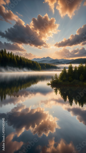 A serene sky during the golden hour, with soft light illuminating fluffy clouds, and the last rays of sunlight reflecting on a calm lake
